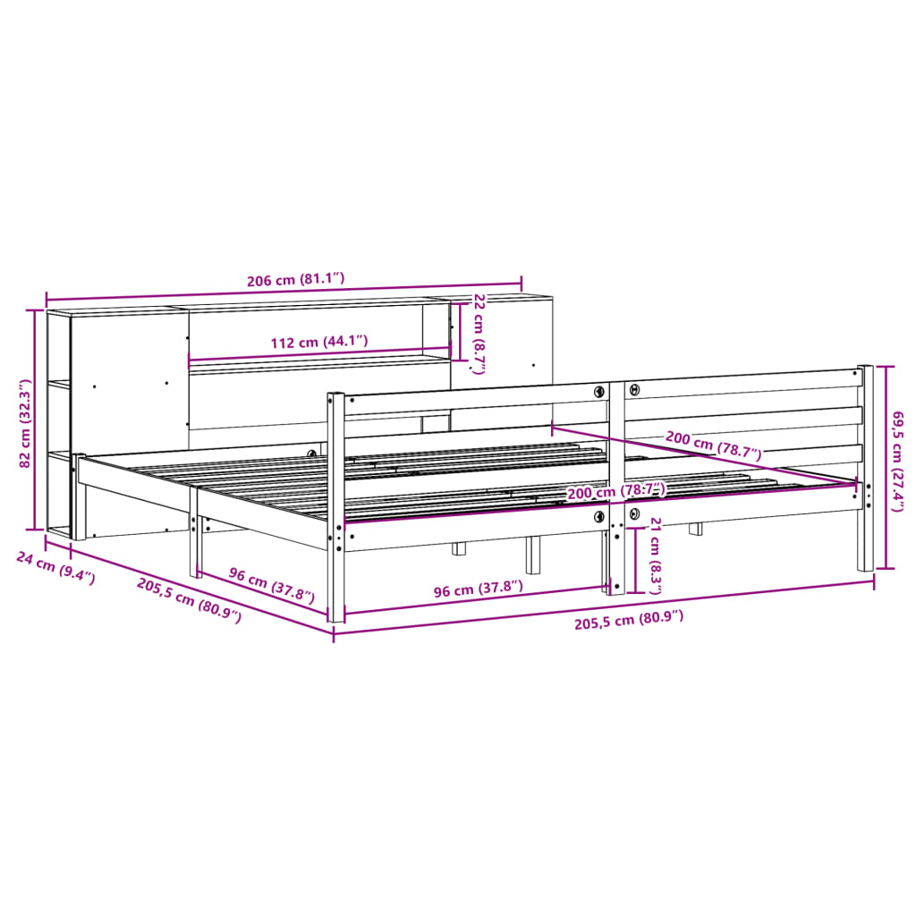 vidaXL Lit en bois massif avec étagère sans matelas Marron ciré 200x200 cm