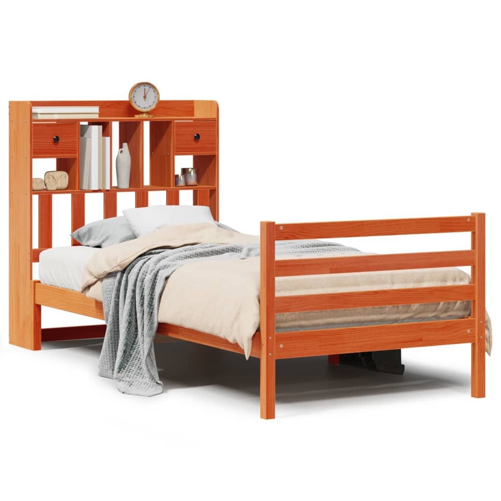 vidaXL Lit en bois massif avec étagère sans matelas Marron miel 100x200 cm