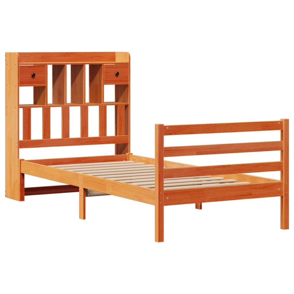vidaXL Lit en bois massif avec étagère sans matelas Marron miel 100x200 cm