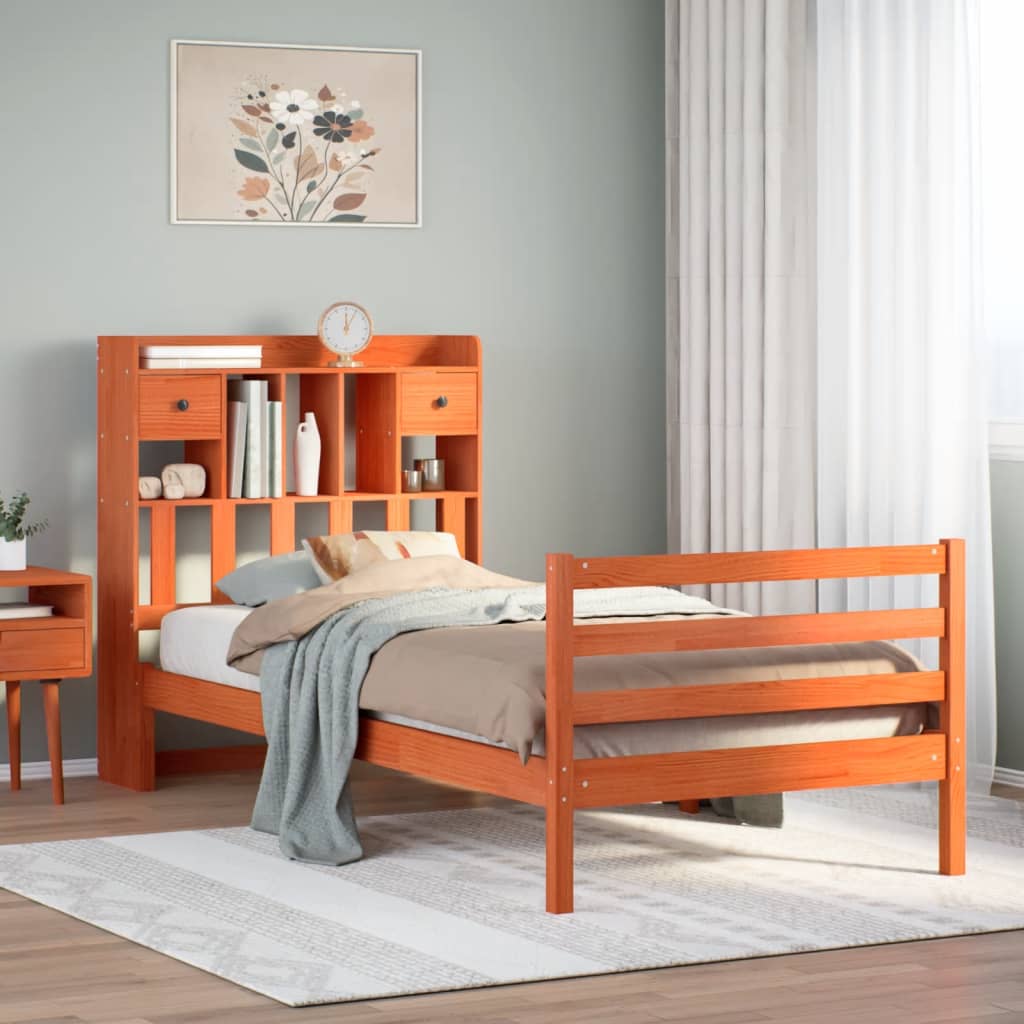 vidaXL Lit en bois massif avec étagère sans matelas Marron miel 100x200 cm