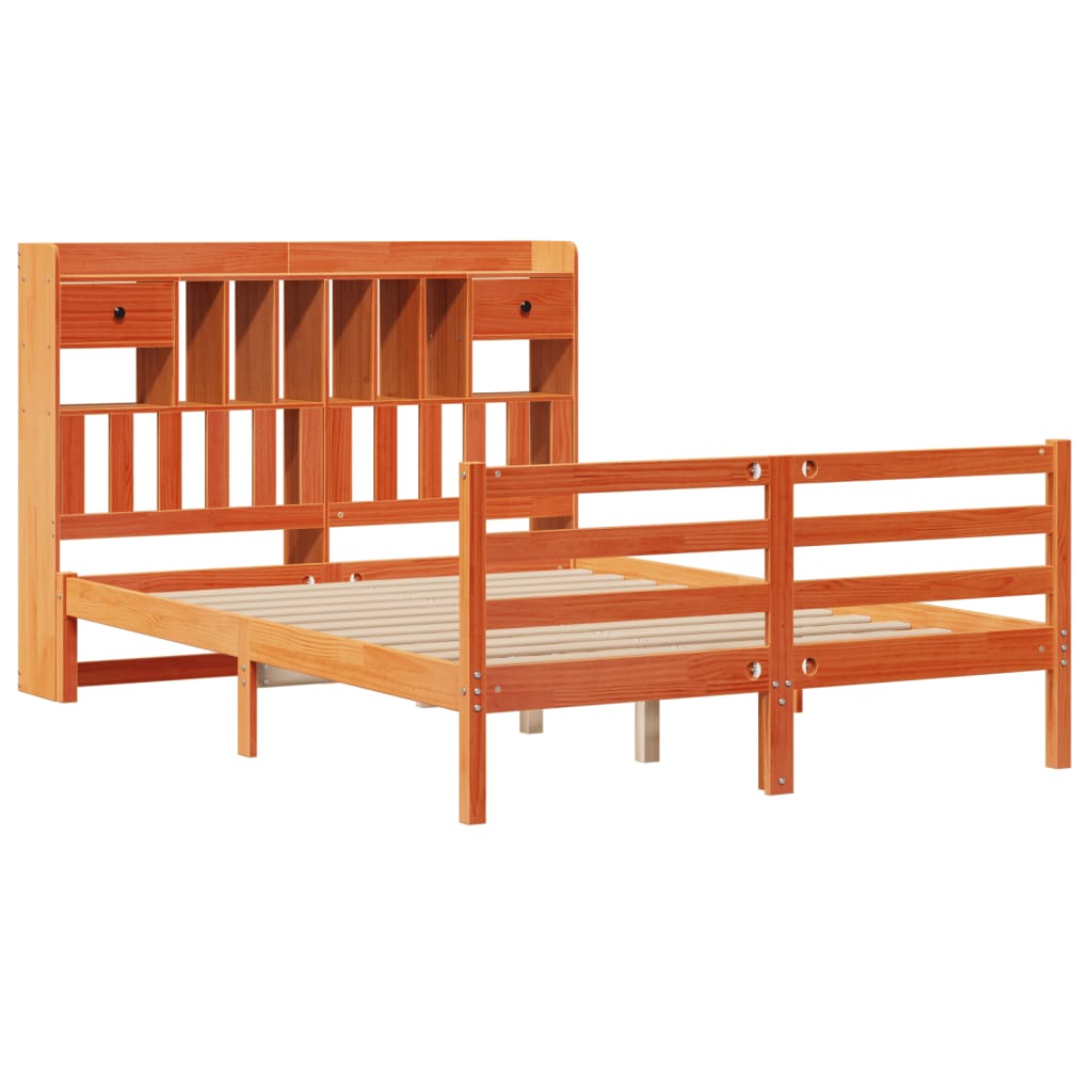 vidaXL Lit en bois massif avec étagère sans matelas Marron ciré 150x200 cm