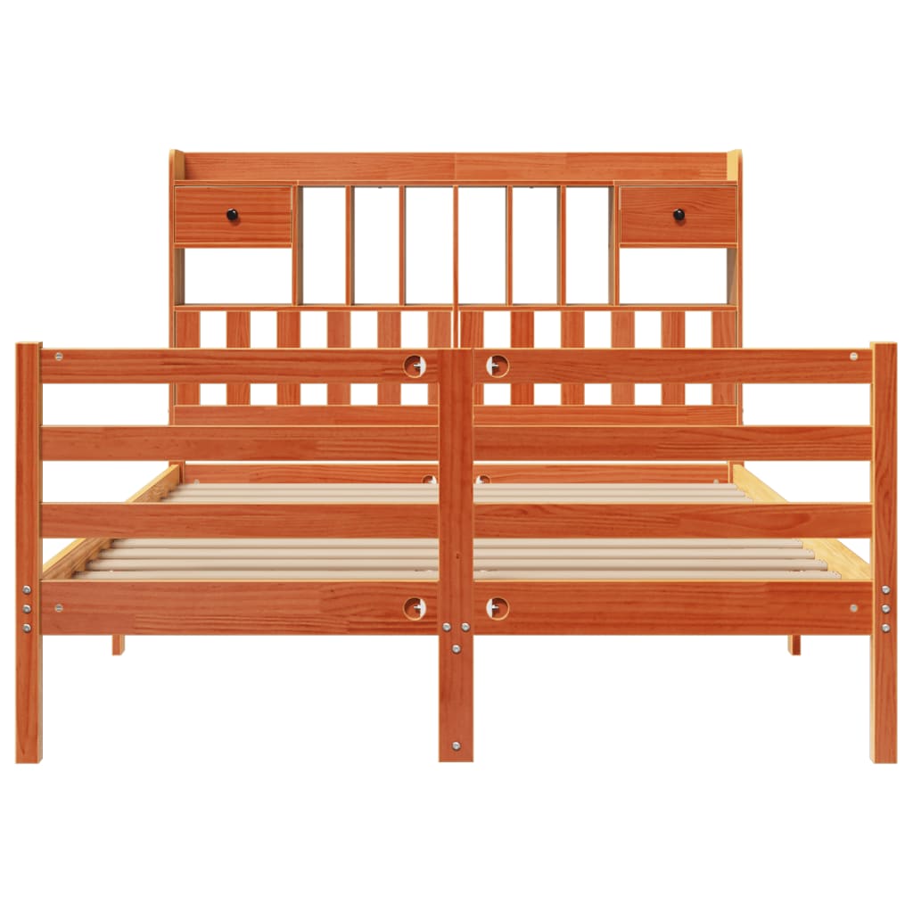 vidaXL Lit en bois massif avec étagère sans matelas Marron ciré 150x200 cm