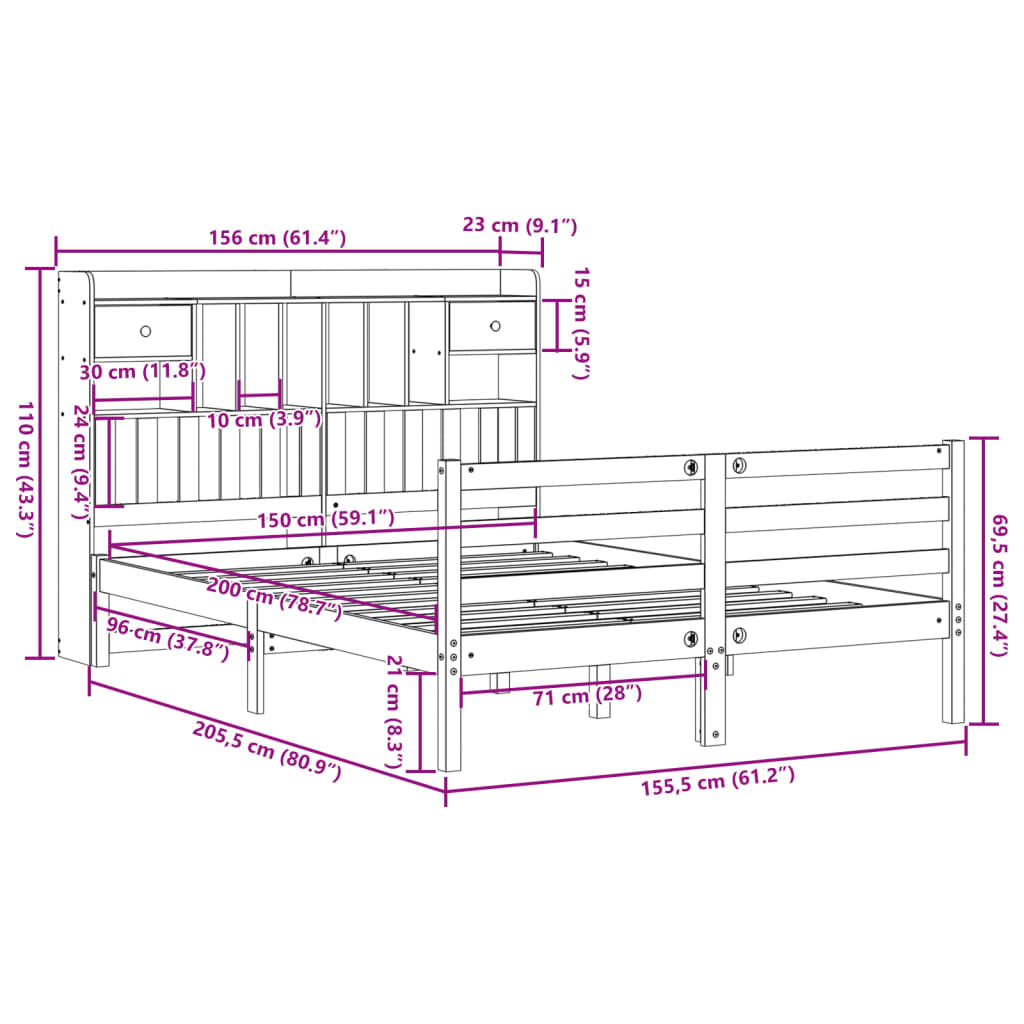 vidaXL Lit en bois massif avec étagère sans matelas Marron ciré 150x200 cm
