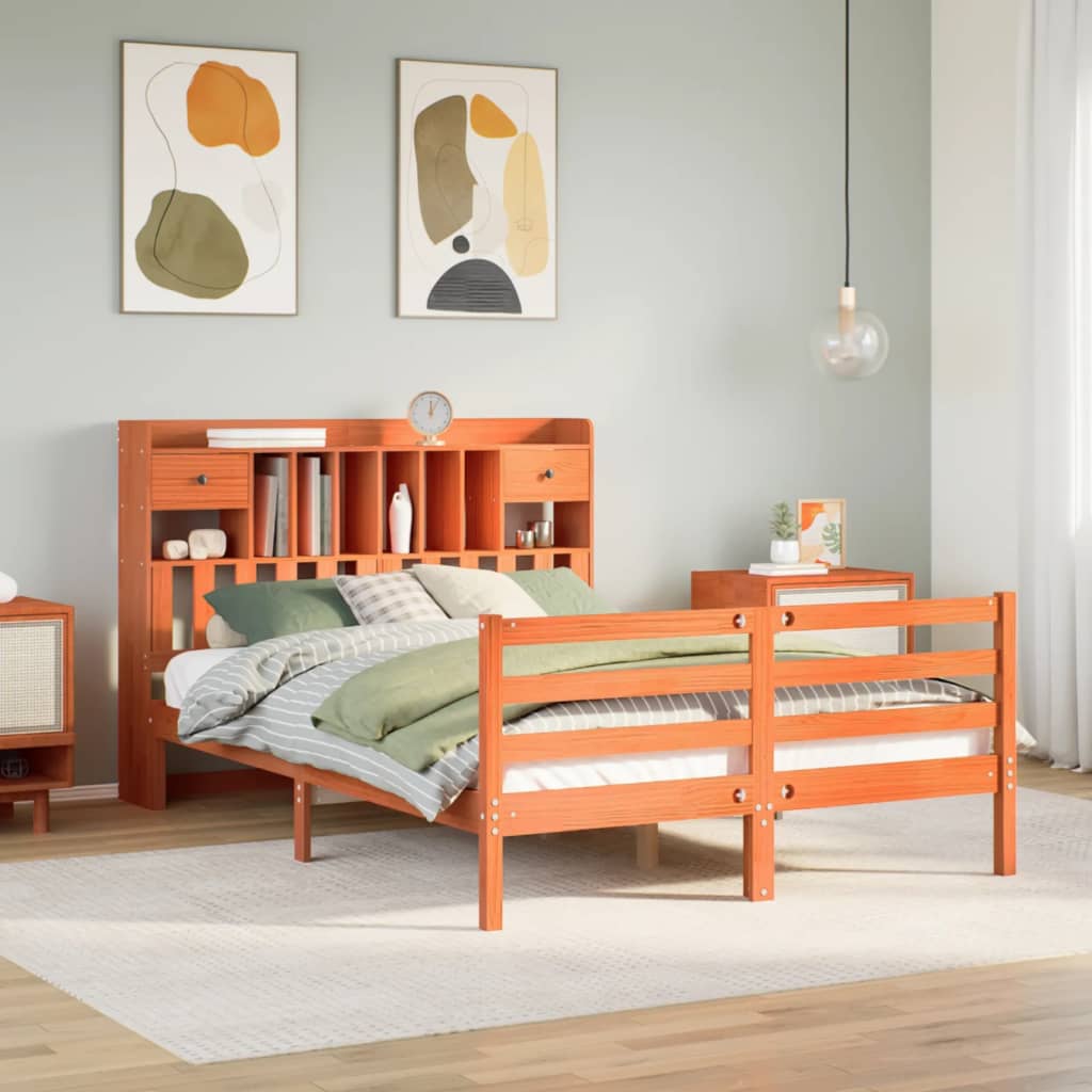 vidaXL Lit en bois massif avec étagère sans matelas Marron ciré 150x200 cm