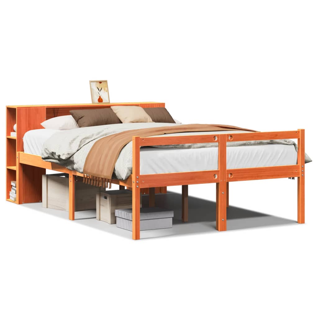 vidaXL Lit en bois massif avec étagère sans matelas Marron ciré 140x200 cm