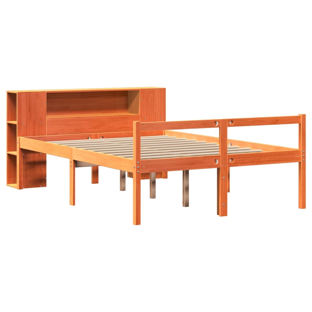 vidaXL Lit en bois massif avec étagère sans matelas Marron ciré 140x200 cm