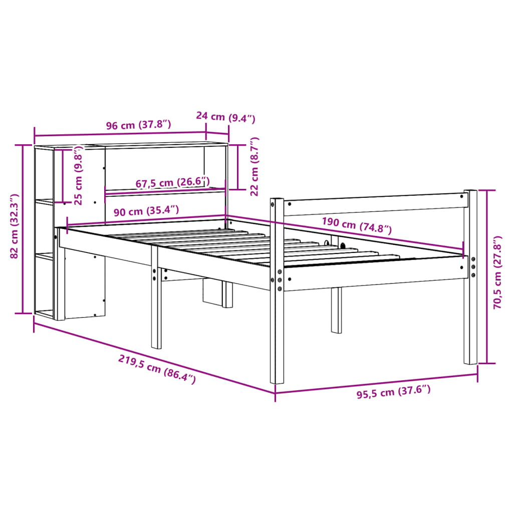 vidaXL Massivholzbett mit Regal ohne Matratze 90x190 cm Kiefer