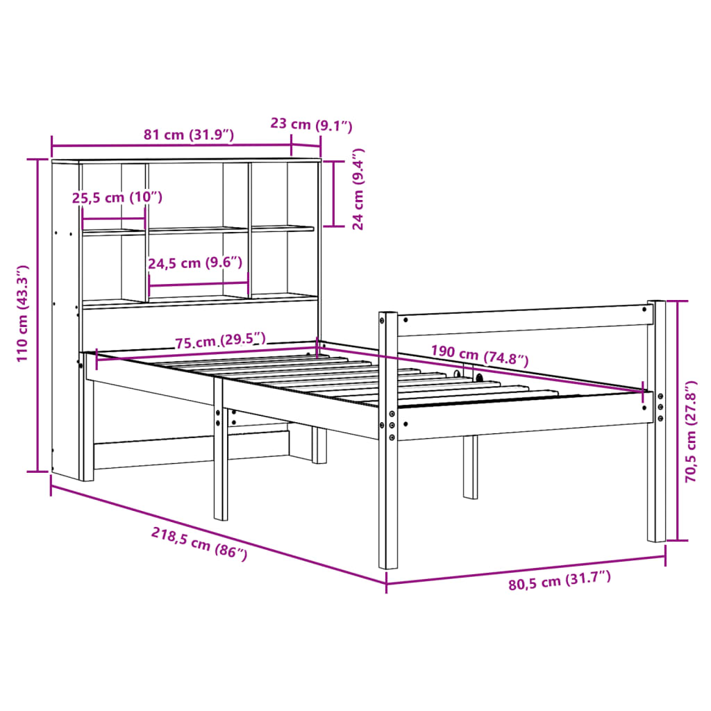vidaXL Lit en bois massif avec étagère sans matelas Marron ciré 75x190 cm
