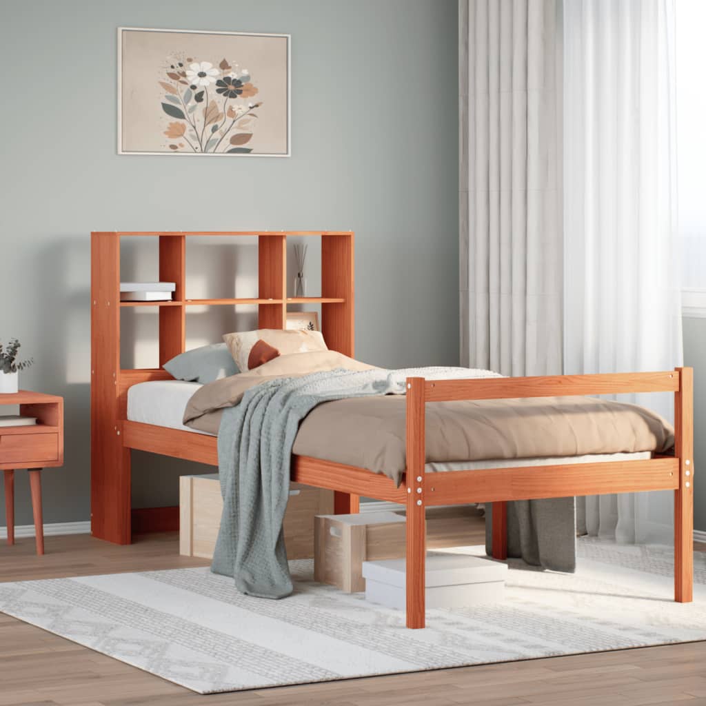 vidaXL Lit en bois massif avec étagère sans matelas Marron ciré 75x190 cm