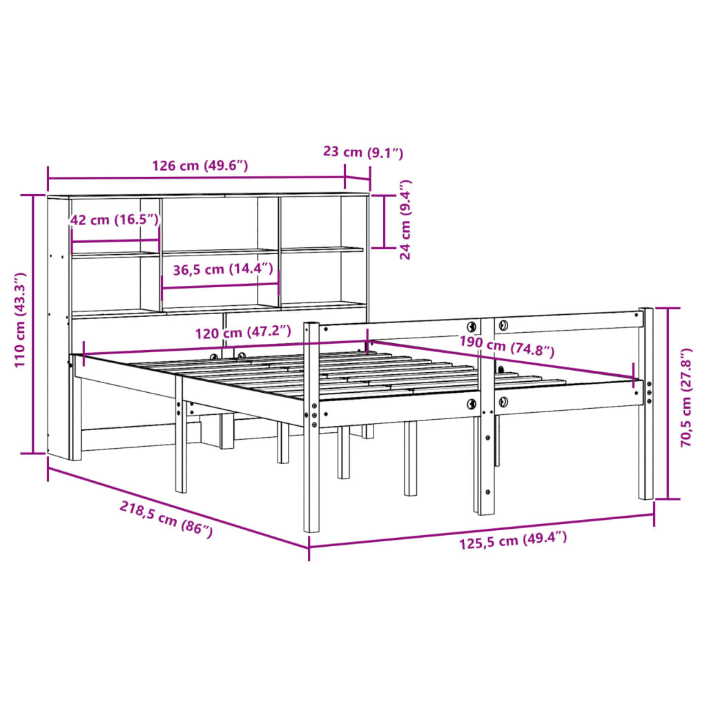 vidaXL Massivholzbett mit Regal ohne Matratze Wachsbraun 120x190 cm