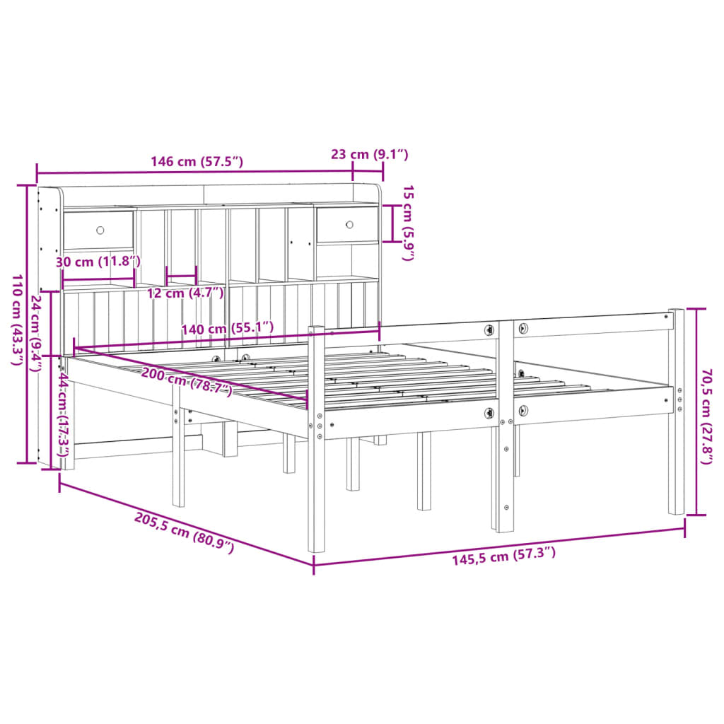 vidaXL Massivholzbett mit Regal ohne Matratze Weiß 140x200 cm Kiefer