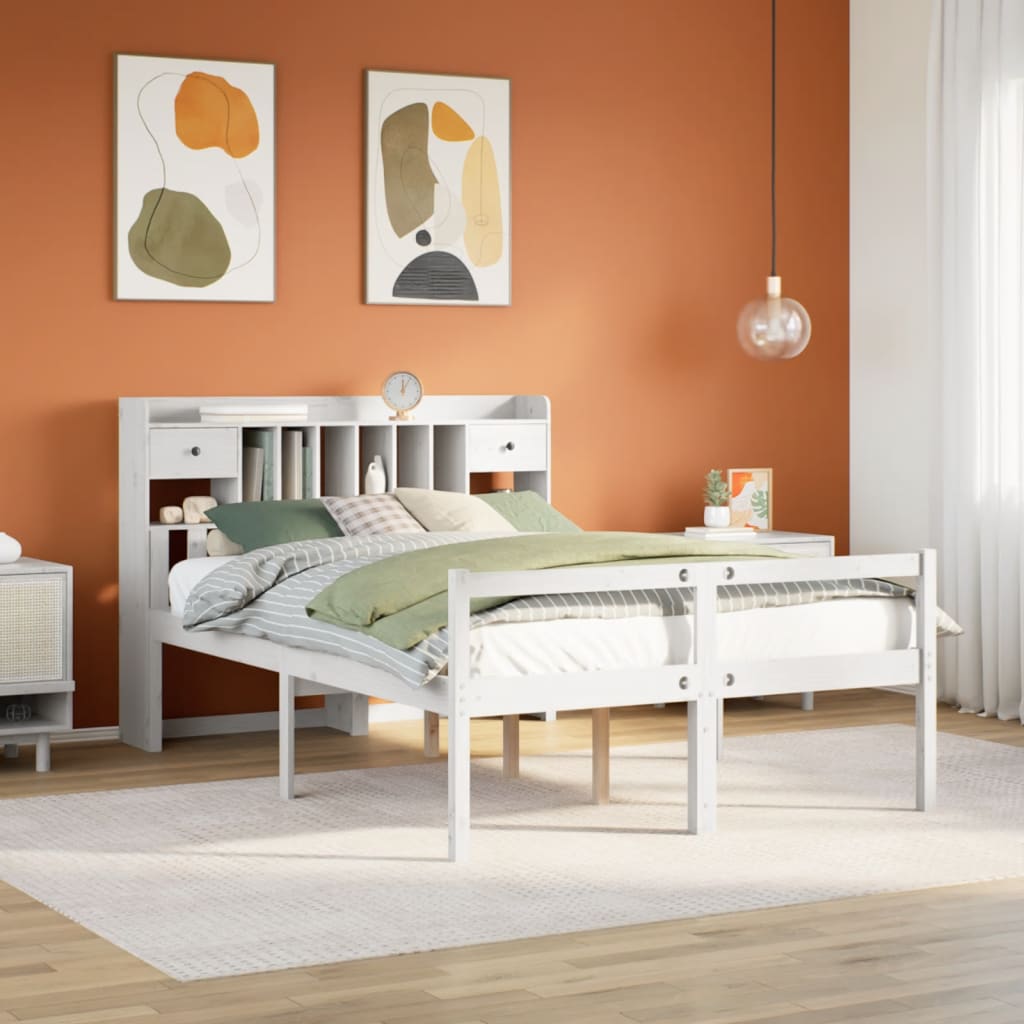 vidaXL Massivholzbett mit Regal ohne Matratze Weiß 140x200 cm Kiefer