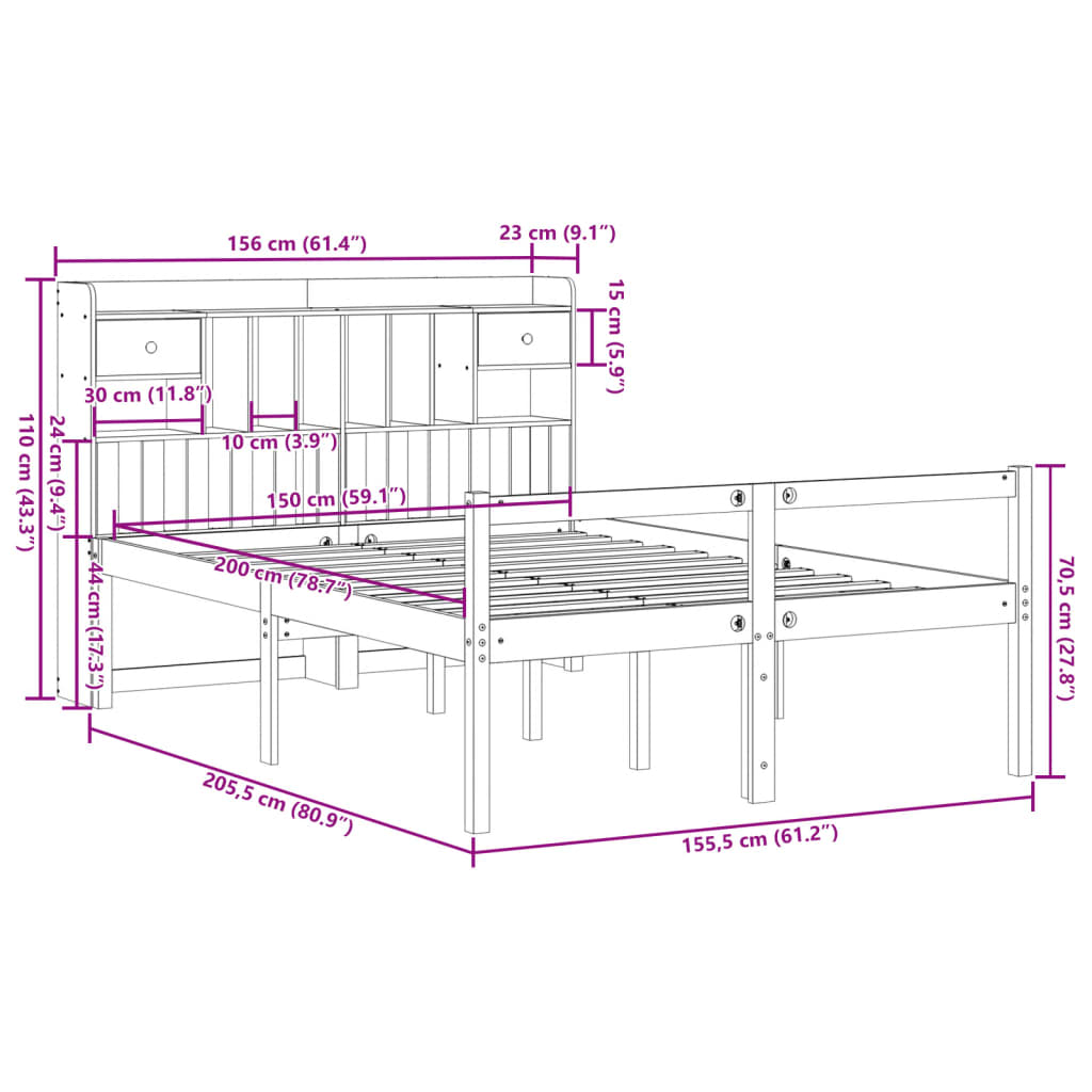 vidaXL Massivholzbett mit Regal ohne Matratze Weiß 150x200 cm Kiefer