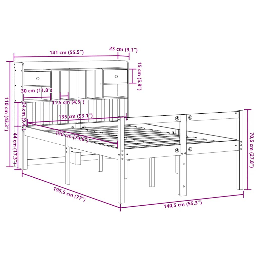 vidaXL Massivholzbett mit Regal ohne Matratze Wachsbraun 135x190 cm