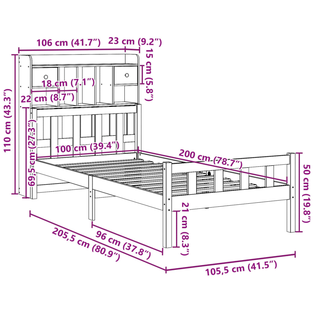 vidaXL Massivholzbett mit Regal ohne Matratze 100x200 cm Kiefer