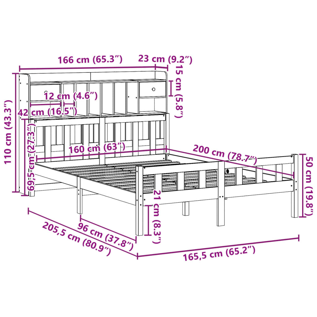 vidaXL Massivholzbett mit Regal ohne Matratze 160x200 cm Kiefernholz
