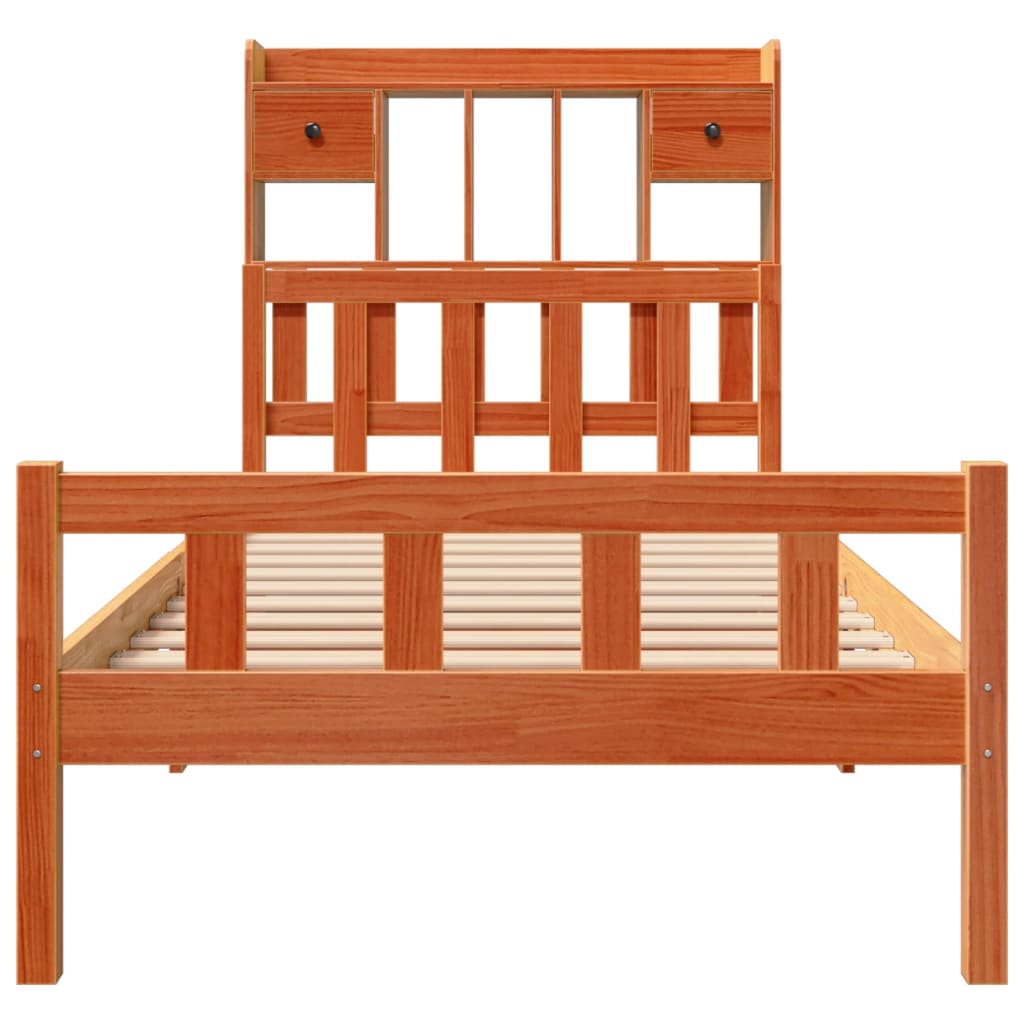 vidaXL Lit en bois massif avec étagère sans matelas Marron ciré 75x190 cm