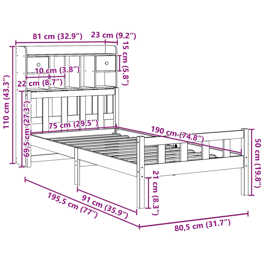 vidaXL Lit en bois massif avec étagère sans matelas Marron ciré 75x190 cm