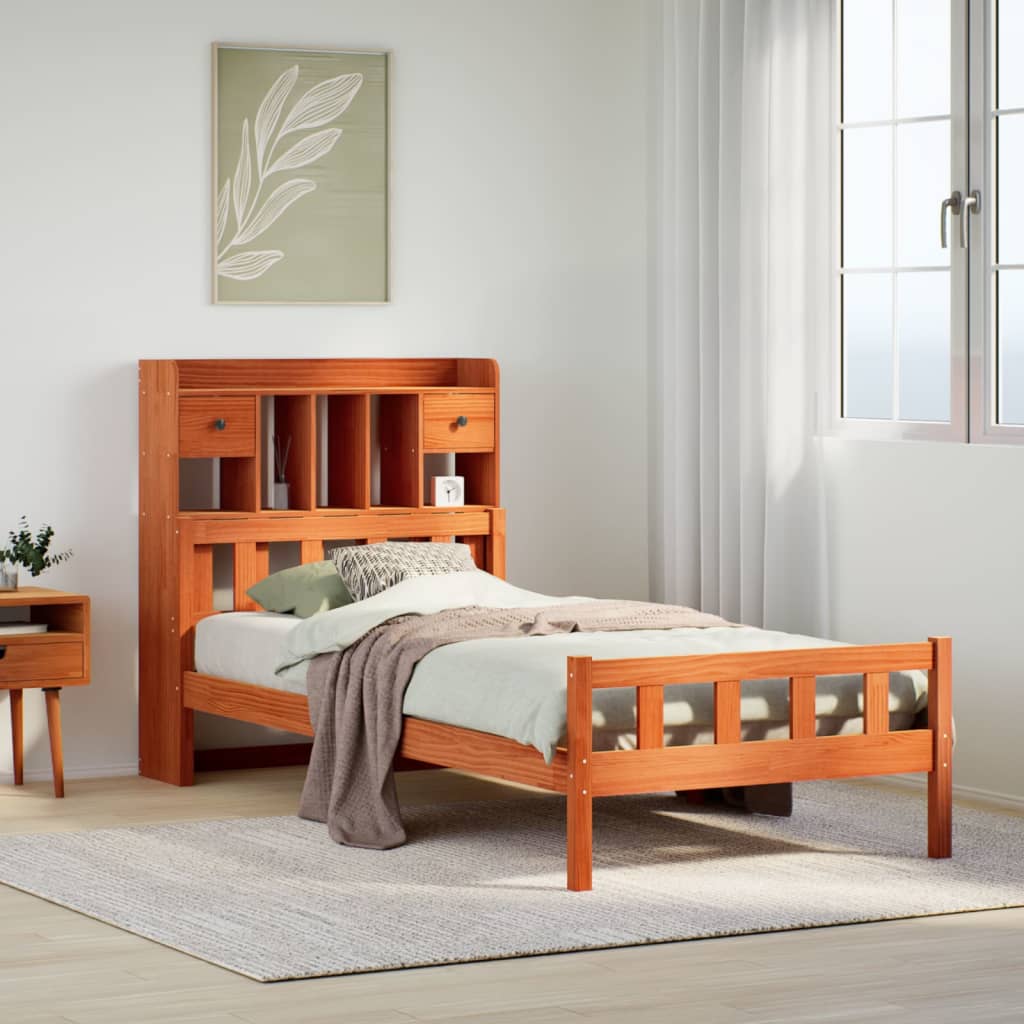vidaXL Lit en bois massif avec étagère sans matelas Marron ciré 75x190 cm