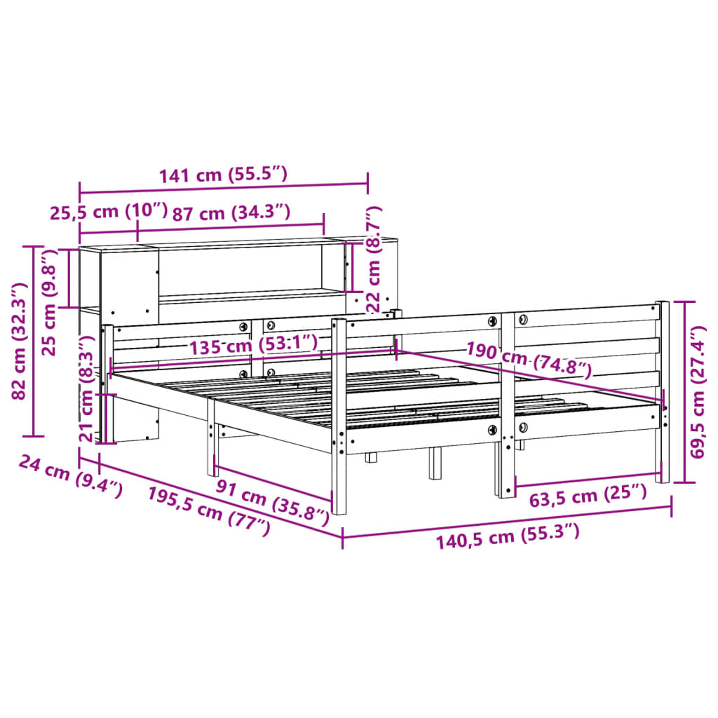 vidaXL Massivholzbett mit Regal ohne Matratze 135x190 cm Kiefernholz