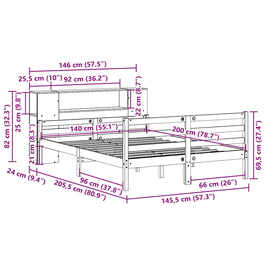 vidaXL Massivholzbett mit Regal ohne Matratze 140x200 cm Kiefernholz