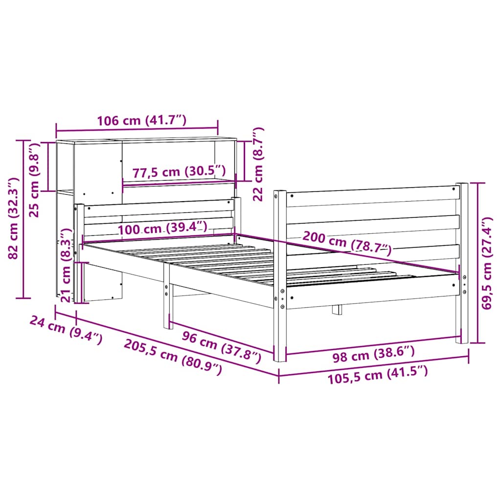 vidaXL Lit en bois massif avec étagère sans matelas 100x200 cm Pin