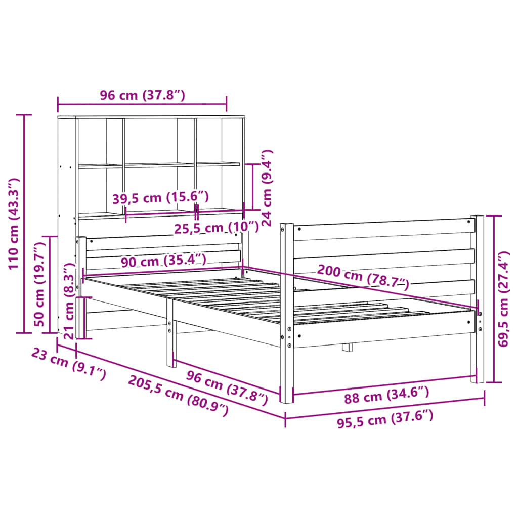 vidaXL Massivholzbett mit Regal ohne Matratze 90x200 cm Kiefer