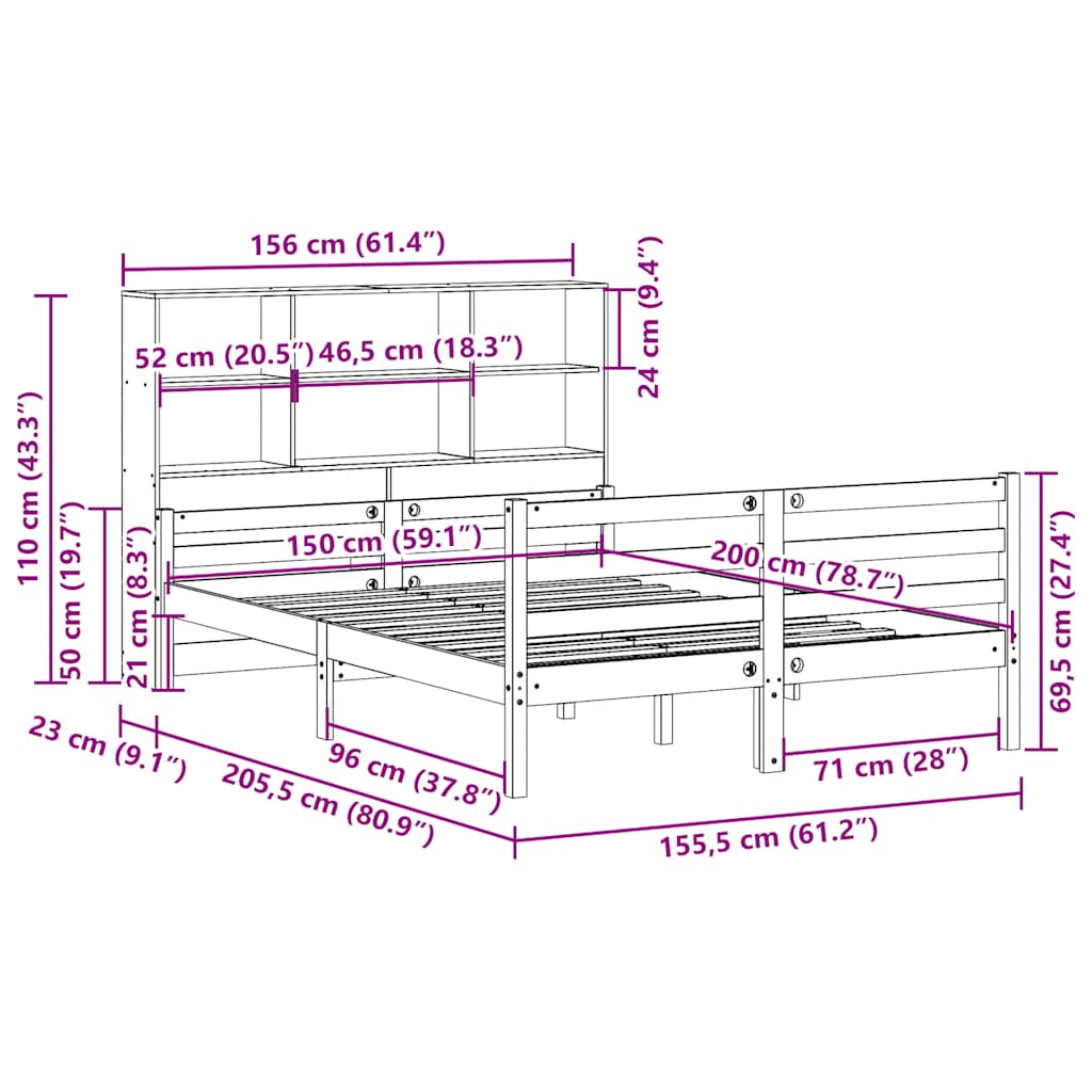 vidaXL Massivholzbett mit Regal ohne Matratze 150x200 cm Kiefernholz