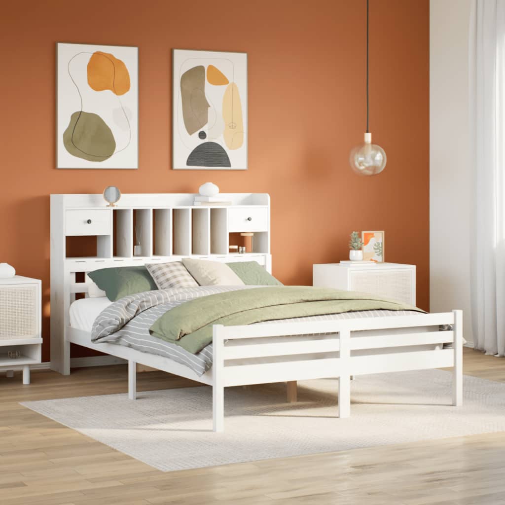 vidaXL Lit en bois massif avec étagère sans matelas Blanc 160x200 cm Pin