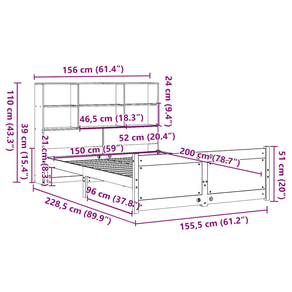 vidaXL Massivholzbett mit Regal ohne Matratze 150x200 cm Kiefer