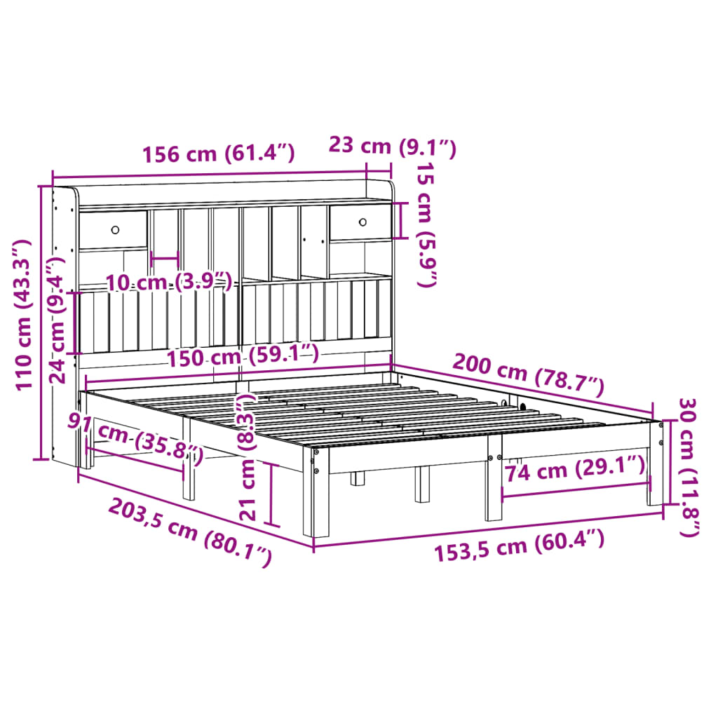 vidaXL Massivholzbett mit Regal ohne Matratze 150x200 cm Kiefer