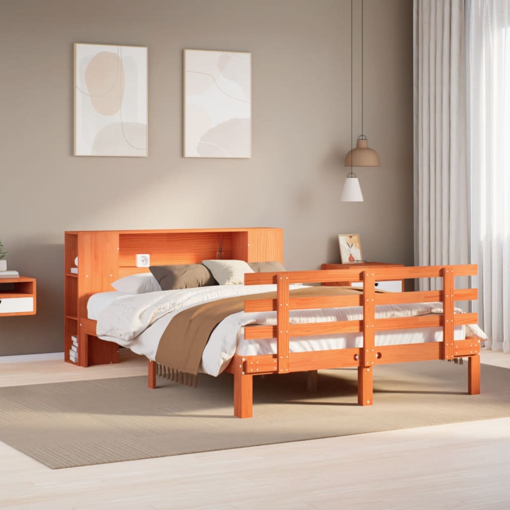 vidaXL Massivholzbett mit Regal ohne Matratze Wachsbraun 140x190 cm
