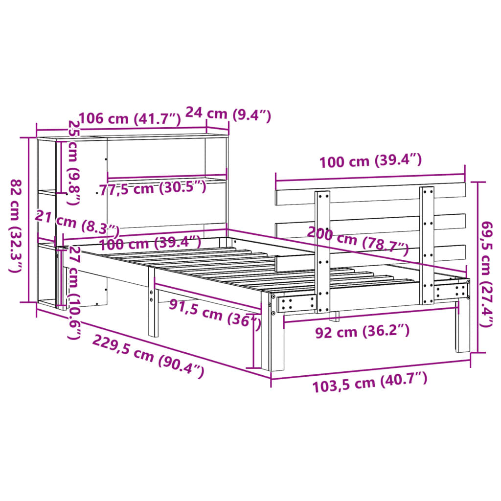 vidaXL Massivholzbett mit Regal ohne Matratze 100x200 cm Kiefer