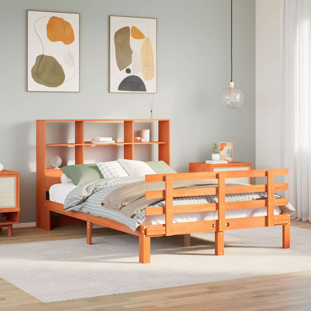 vidaXL Lit en bois massif avec étagère sans matelas Marron ciré 150x200 cm
