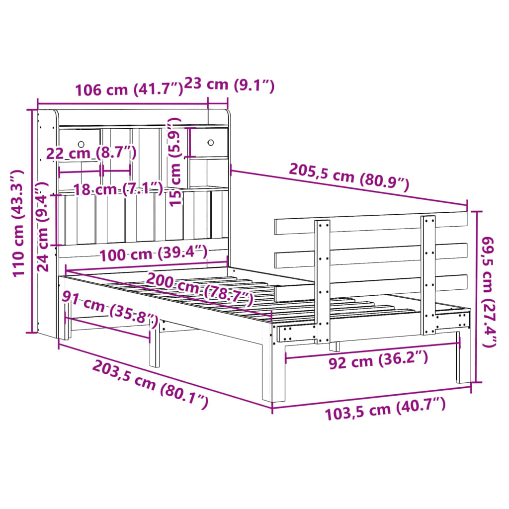 vidaXL Massivholzbett mit Regal ohne Matratze 100x200 cm Kiefer