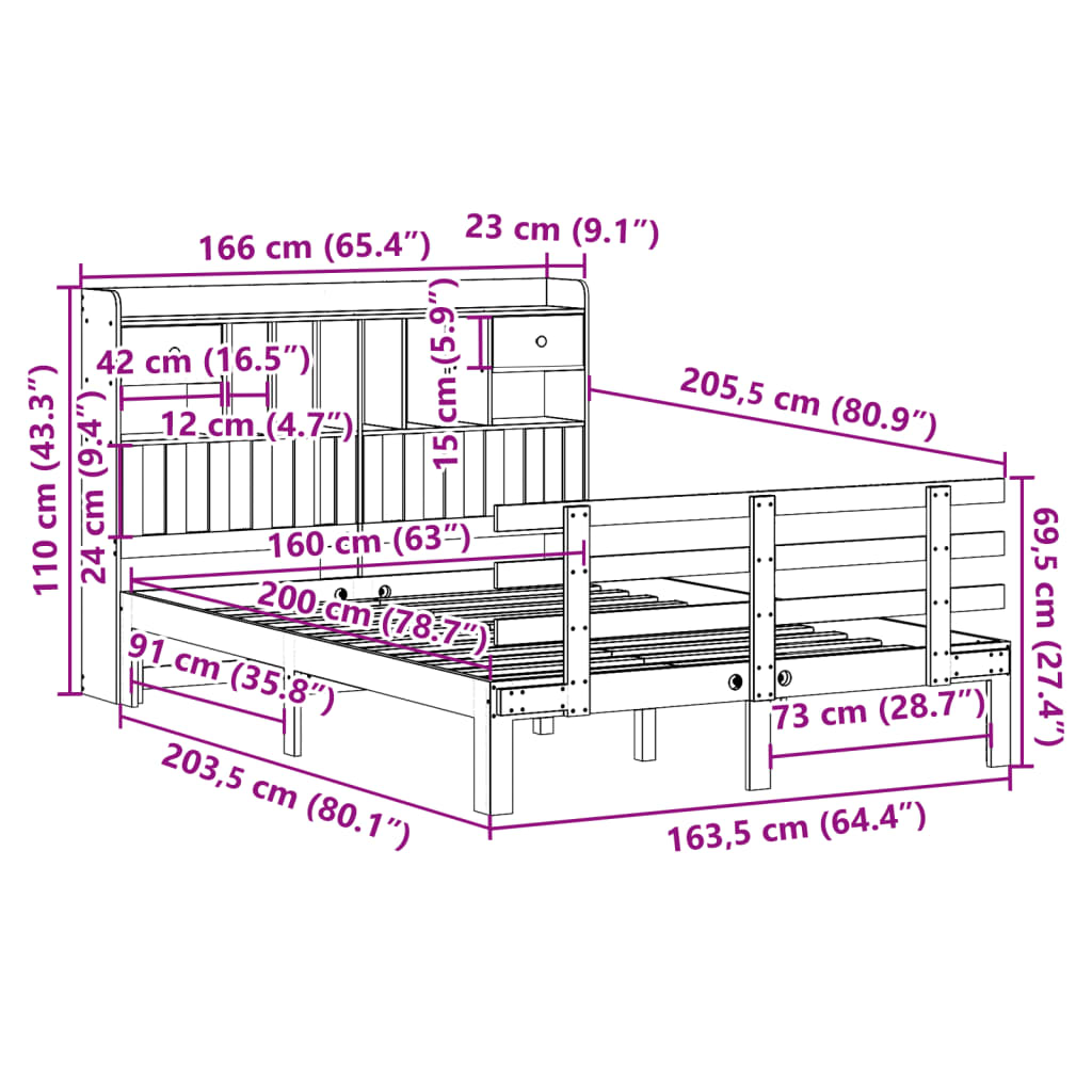 vidaXL Massivholzbett mit Regal ohne Matratze 160x200 cm Kiefer