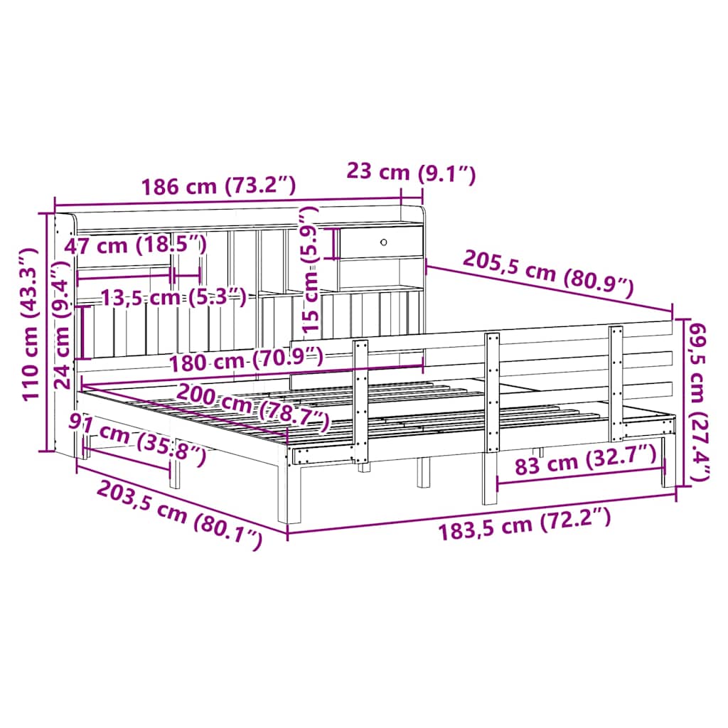 vidaXL Massivholzbett mit Regal ohne Matratze 180x200 cm Kiefer