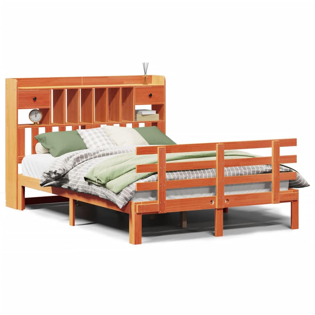 vidaXL Massivholzbett mit Regal ohne Matratze Wachsbraun 140x190 cm