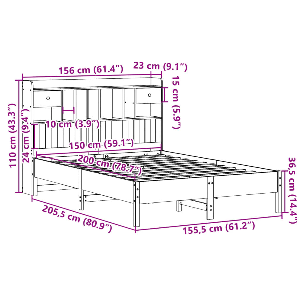 vidaXL Massivholzbett mit Regal ohne Matratze 150x200 cm Kiefer