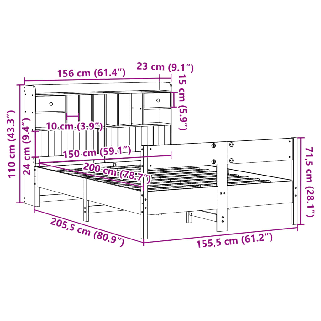 vidaXL Massivholzbett mit Regal ohne Matratze 150x200 cm Kiefer