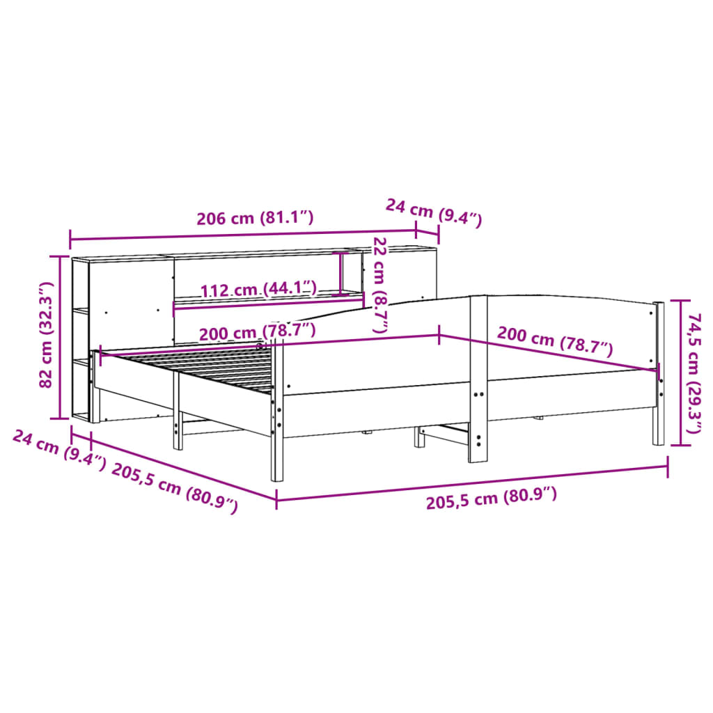 vidaXL Massivholzbett mit Regal ohne Matratze Wachsbraun 200x200 cm