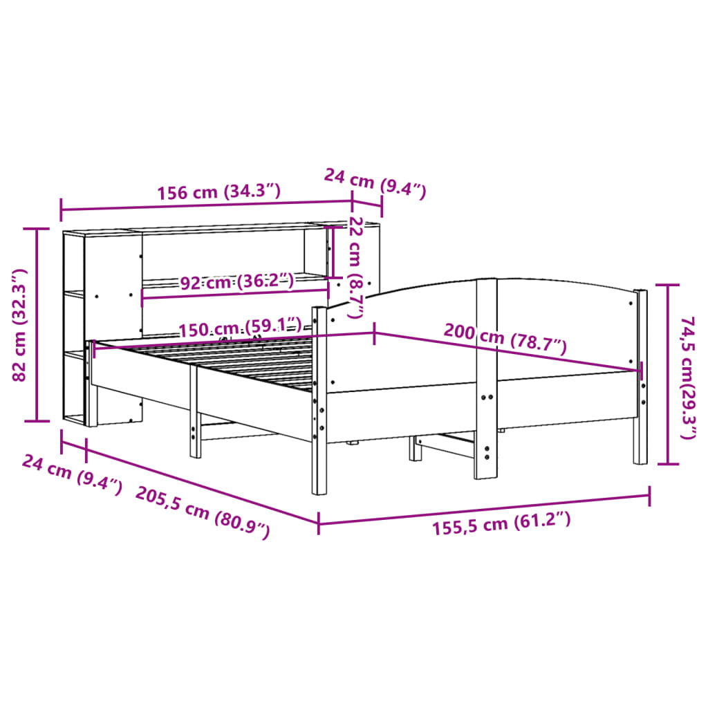 vidaXL Massivholzbett mit Regal ohne Matratze Weiß 150x200 cm Kiefer