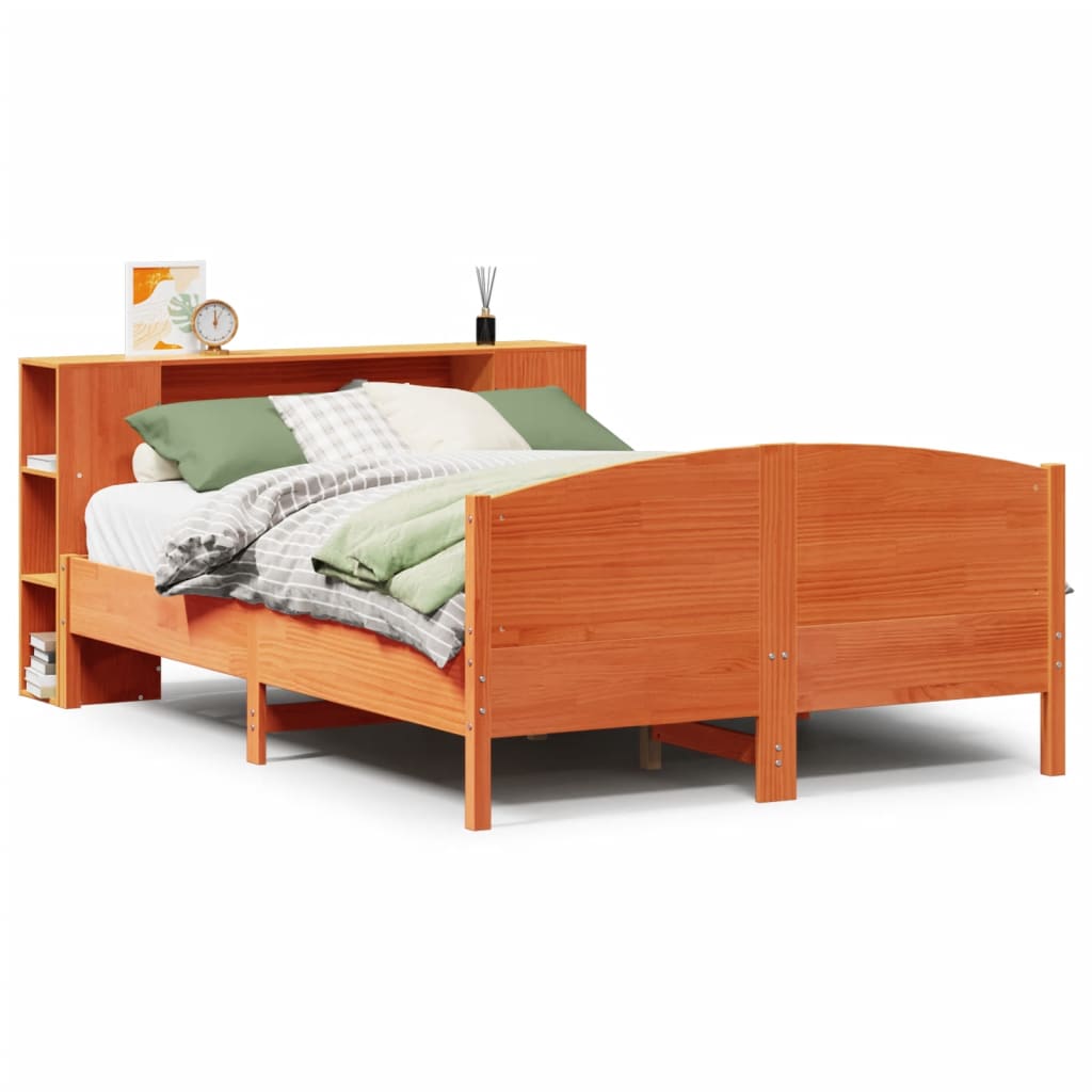 vidaXL Massivholzbett mit Regal ohne Matratze Wachsbraun 135x190 cm