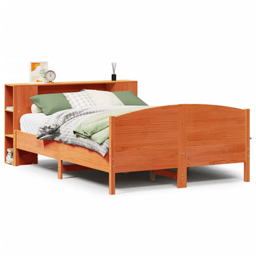 vidaXL Massivholzbett mit Regal ohne Matratze Wachsbraun 135x190 cm