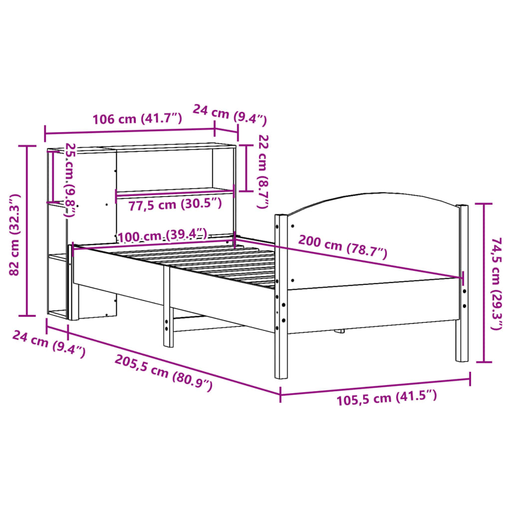 vidaXL Massivholzbett mit Regal ohne Matratze 100x200 cm Kiefer