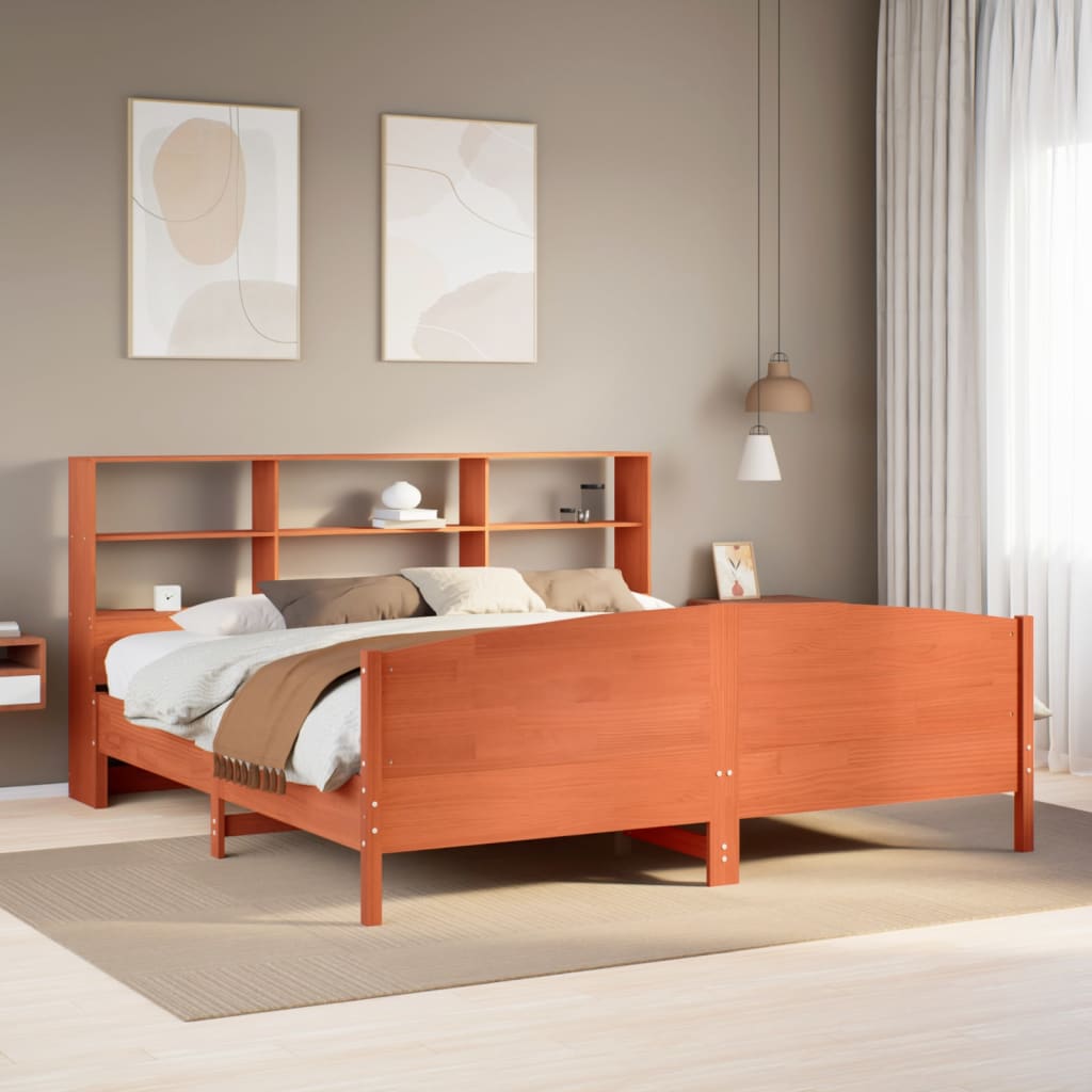 vidaXL Lit en bois massif avec étagère sans matelas Marron ciré 200x200 cm