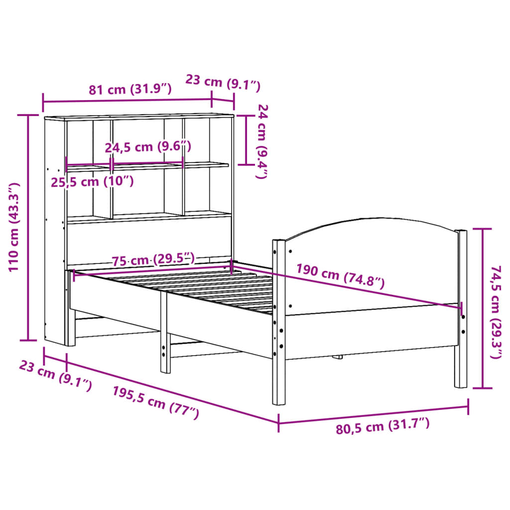 vidaXL Massivholzbett mit Regal ohne Matratze Wachsbraun 75x190 cm