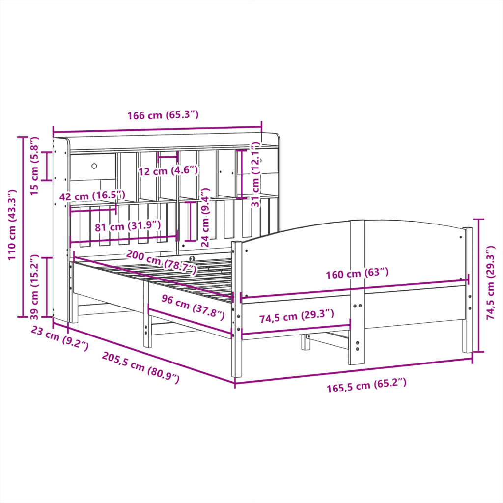vidaXL Massivholzbett mit Regal ohne Matratze Wachsbraun 160x200 cm