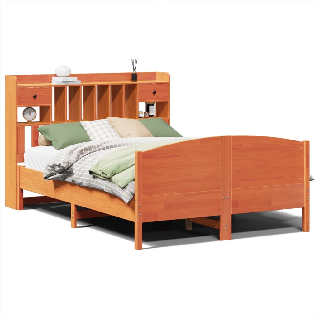 vidaXL Massivholzbett mit Regal ohne Matratze Wachsbraun 140x190 cm