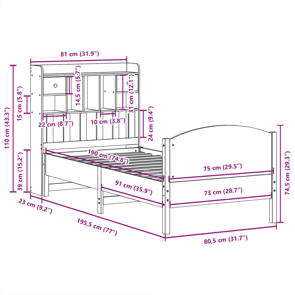 vidaXL Bücherregalbett ohne Matratze 75x190 cm Massivholz Kiefer